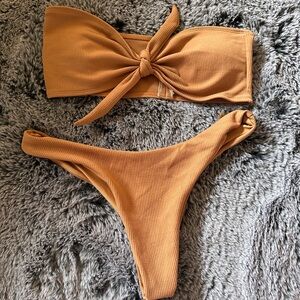 Zaful Ribbed Bandeau Bikini in Warm Camel